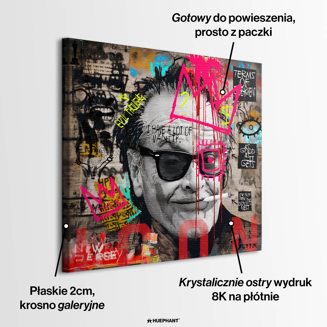 Obraz na płótnie Jack Nicholson styl pop-art street art, wydruk galeryjny czarno-biały z neonową koroną, sztuka nowoczesna limitowana edycja do salonu.