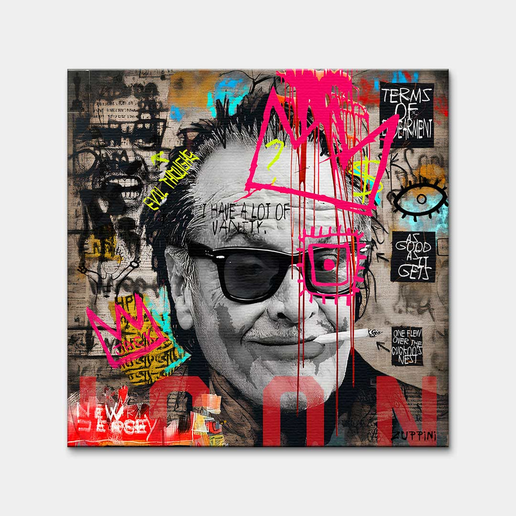 Obraz na płótnie Jack Nicholson styl pop-art street art, wydruk galeryjny czarno-biały z neonową koroną, sztuka nowoczesna limitowana edycja do salonu.