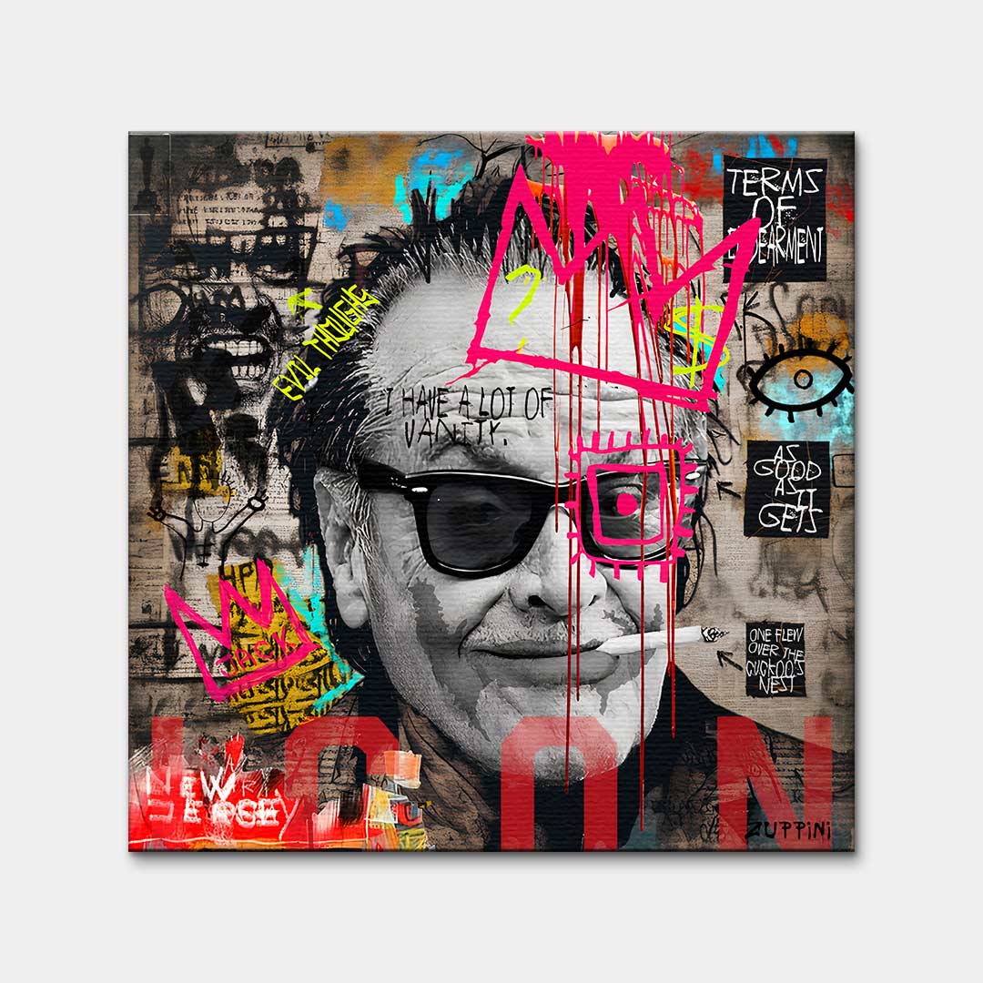 Obraz na płótnie Jack Nicholson styl pop-art street art, wydruk galeryjny czarno-biały z neonową koroną, sztuka nowoczesna limitowana edycja do salonu.