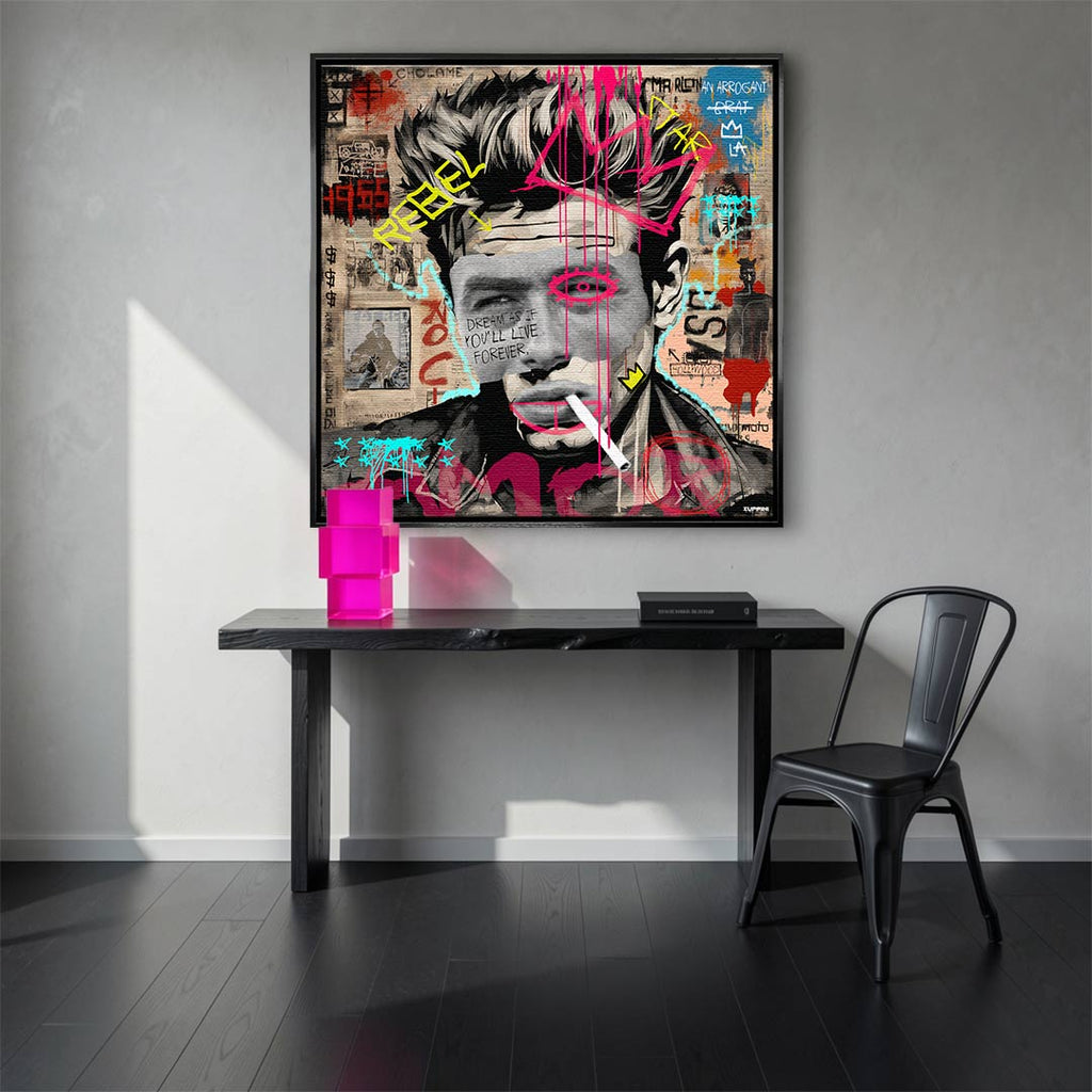 Nowoczesny obraz na płótnie James Dean Rebel, wydruk galeryjny w stylu pop-art i graffiti, portret aktora z napisem Dream as if you'll live forever, marka Huephant, limitowana edycja.