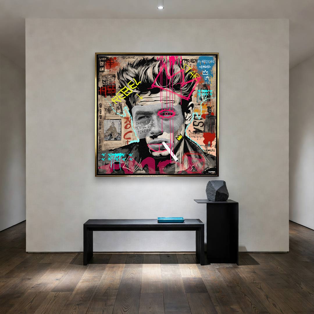 Nowoczesny obraz na płótnie James Dean Rebel, wydruk galeryjny w stylu pop-art i graffiti, portret aktora z napisem Dream as if you'll live forever, marka Huephant, limitowana edycja.