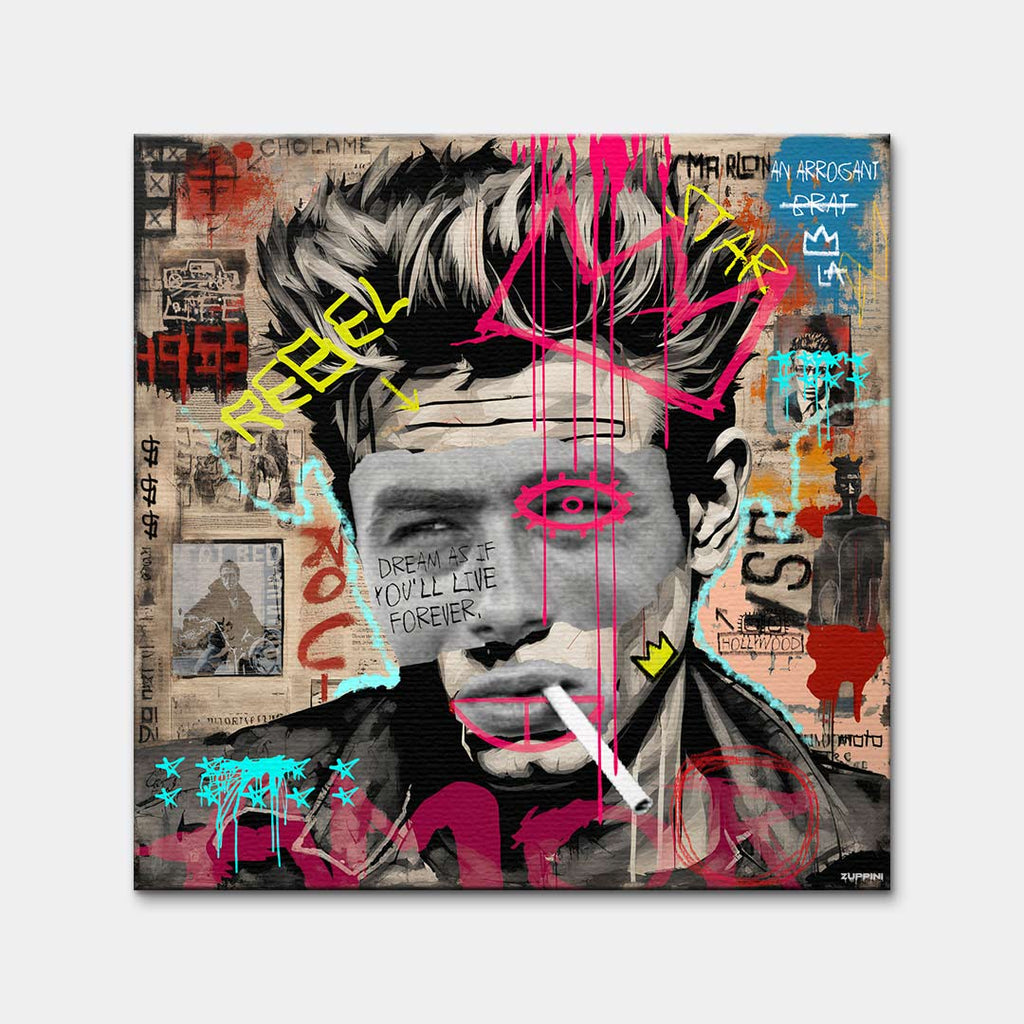 Nowoczesny obraz na płótnie James Dean Rebel, wydruk galeryjny w stylu pop-art i graffiti, portret aktora z napisem Dream as if you'll live forever, marka Huephant, limitowana edycja.