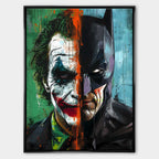 Obraz na płótnie Joker vs Batman – artystyczne połączenie twarzy Jokera i Batmana w dynamicznych kolorach zieleni, błękitu i pomarańczu, symbolizujące kontrast dobra i zła.