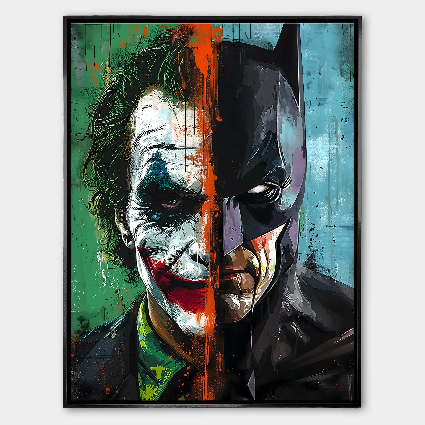 Obraz na płótnie Joker vs Batman – artystyczne połączenie twarzy Jokera i Batmana w dynamicznych kolorach zieleni, błękitu i pomarańczu, symbolizujące kontrast dobra i zła.