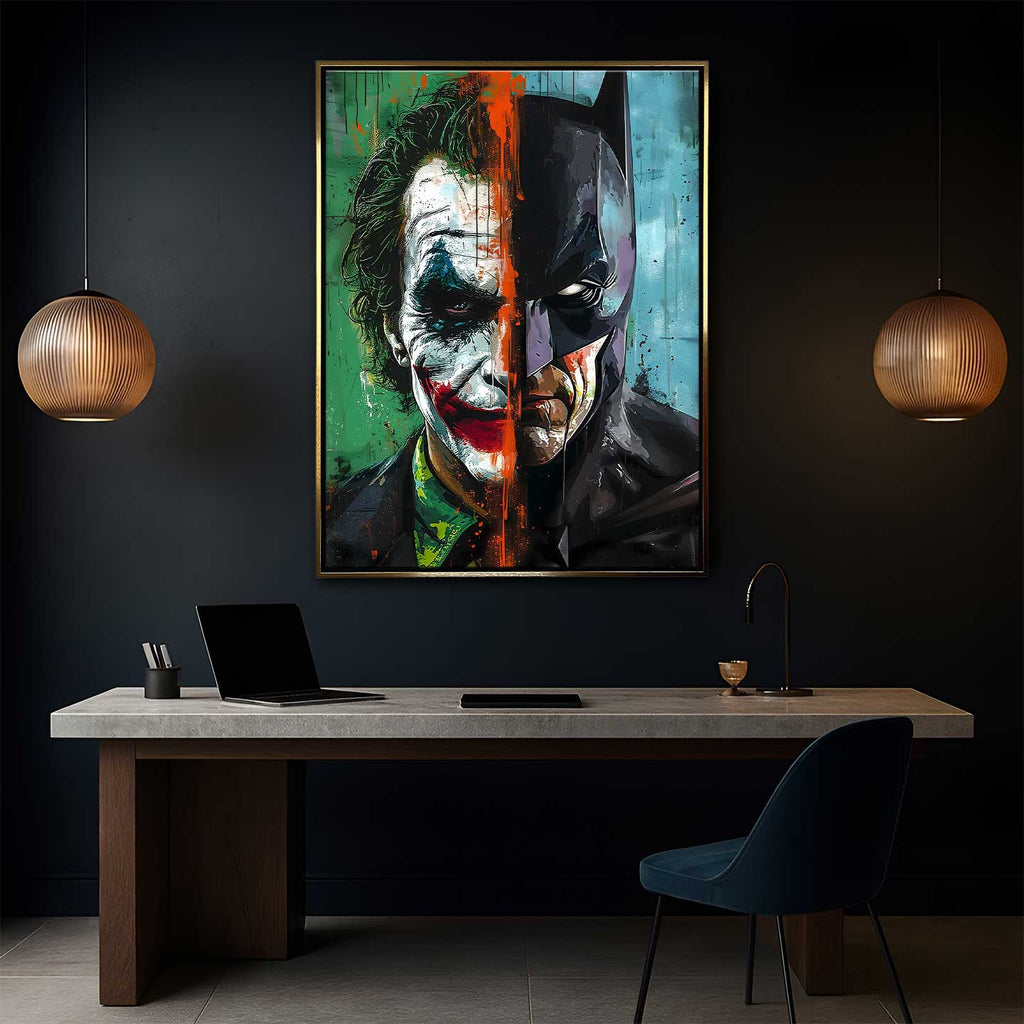 Obraz na płótnie Joker vs Batman – artystyczne połączenie twarzy Jokera i Batmana w dynamicznych kolorach zieleni, błękitu i pomarańczu, symbolizujące kontrast dobra i zła.