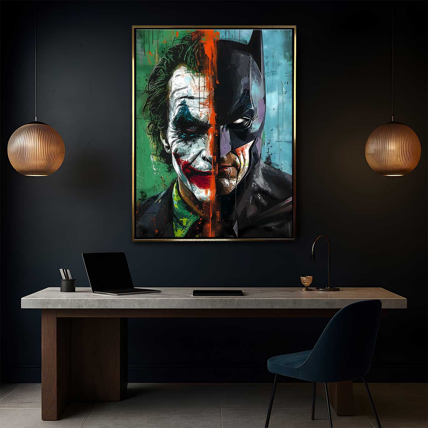 Obraz na płótnie Joker vs Batman – artystyczne połączenie twarzy Jokera i Batmana w dynamicznych kolorach zieleni, błękitu i pomarańczu, symbolizujące kontrast dobra i zła.
