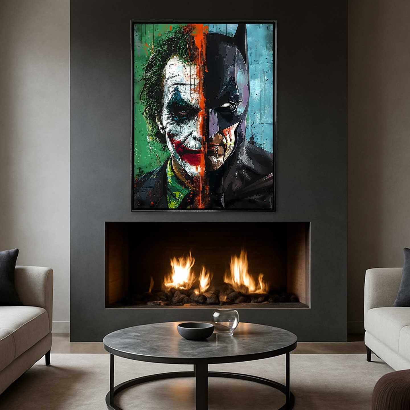 Obraz na płótnie Joker vs Batman – artystyczne połączenie twarzy Jokera i Batmana w dynamicznych kolorach zieleni, błękitu i pomarańczu, symbolizujące kontrast dobra i zła.