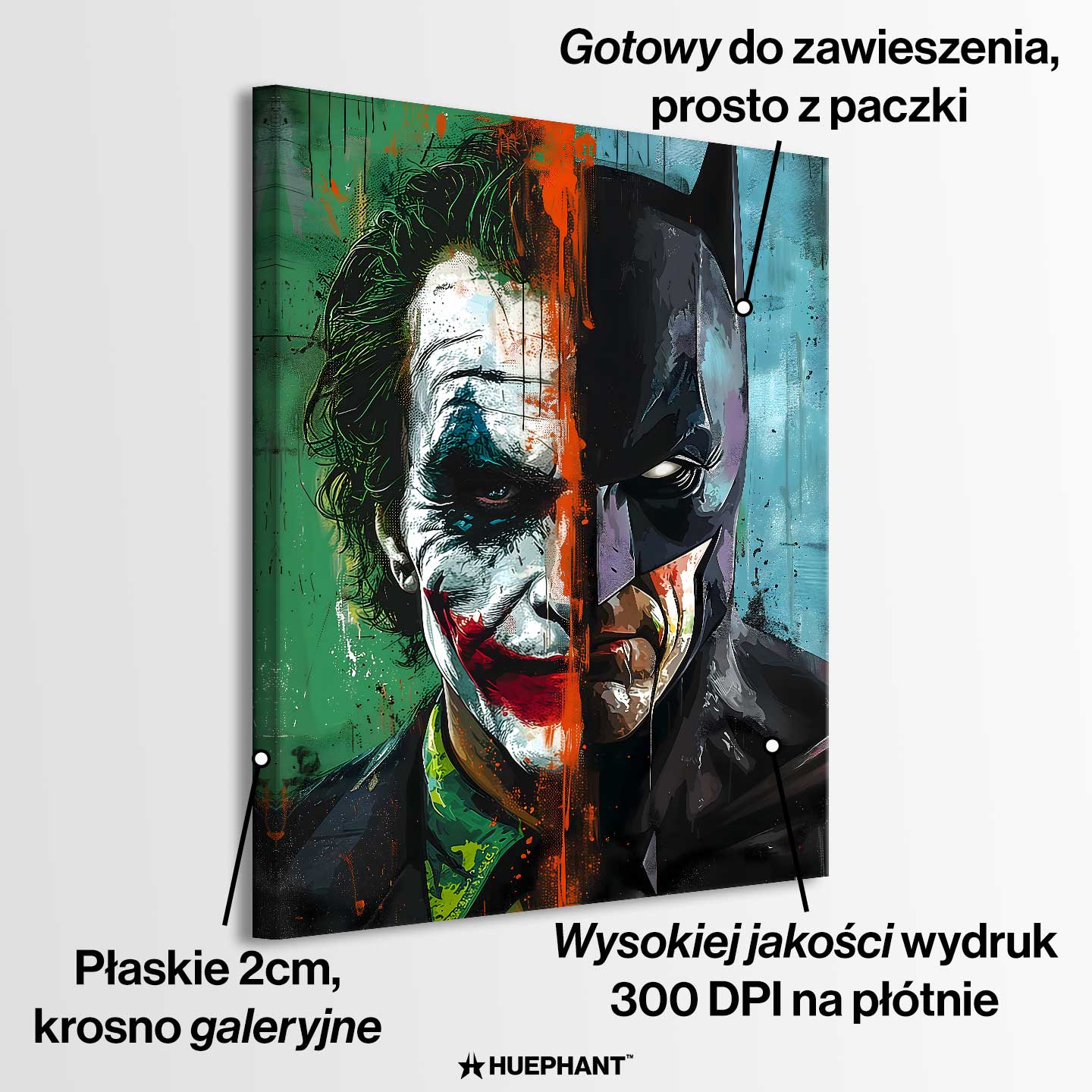Obraz na płótnie Joker vs Batman – artystyczne połączenie twarzy Jokera i Batmana w dynamicznych kolorach zieleni, błękitu i pomarańczu, symbolizujące kontrast dobra i zła.