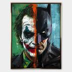 Obraz na płótnie Joker vs Batman – artystyczne połączenie twarzy Jokera i Batmana w dynamicznych kolorach zieleni, błękitu i pomarańczu, symbolizujące kontrast dobra i zła.