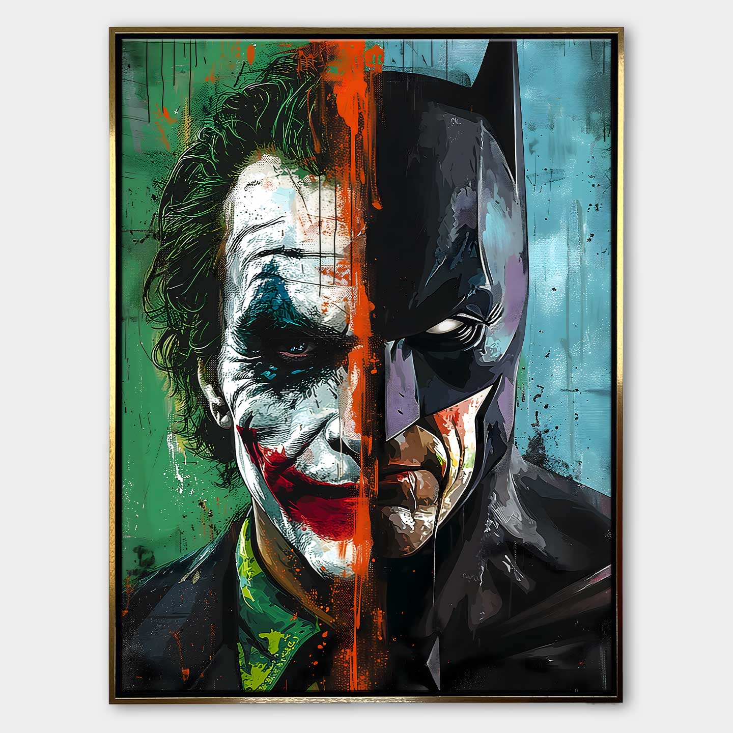 Obraz na płótnie Joker vs Batman – artystyczne połączenie twarzy Jokera i Batmana w dynamicznych kolorach zieleni, błękitu i pomarańczu, symbolizujące kontrast dobra i zła.