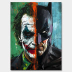 Obraz na płótnie Joker vs Batman – artystyczne połączenie twarzy Jokera i Batmana w dynamicznych kolorach zieleni, błękitu i pomarańczu, symbolizujące kontrast dobra i zła.