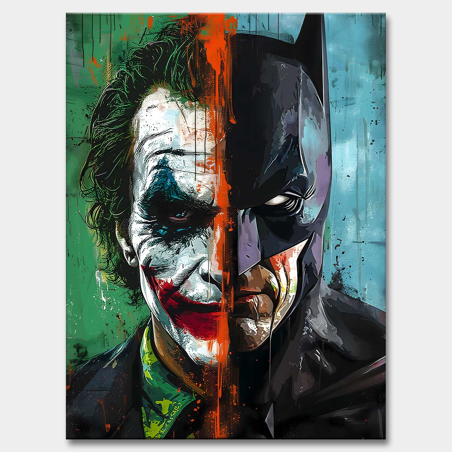 Obraz na płótnie Joker vs Batman – artystyczne połączenie twarzy Jokera i Batmana w dynamicznych kolorach zieleni, błękitu i pomarańczu, symbolizujące kontrast dobra i zła.
