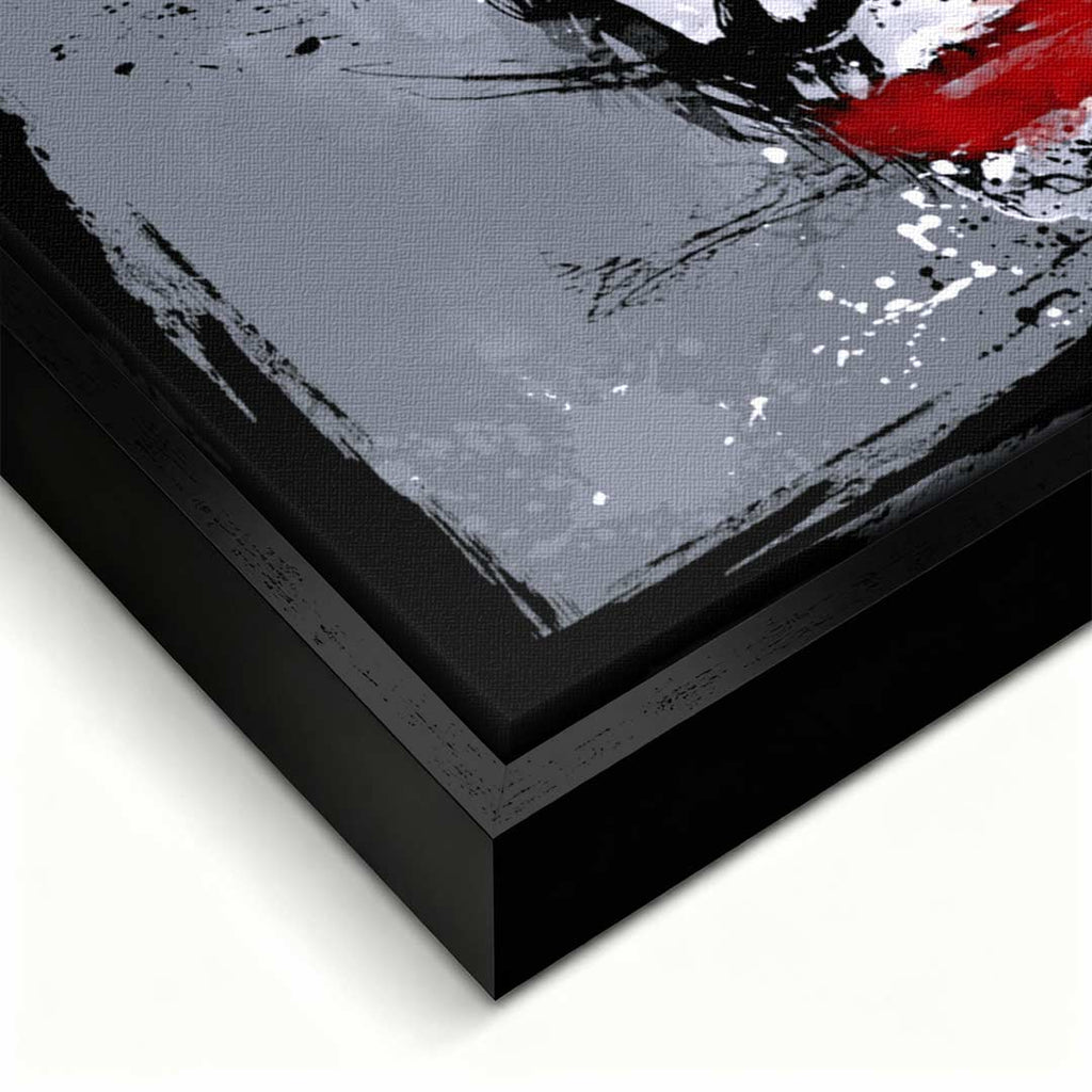 Obraz na płótnie z twarzą Jokera w stylu splash art. Nowoczesny wydruk galeryjny w kolorach szarym, niebieskim i czerwonym. Kunst pop-art.