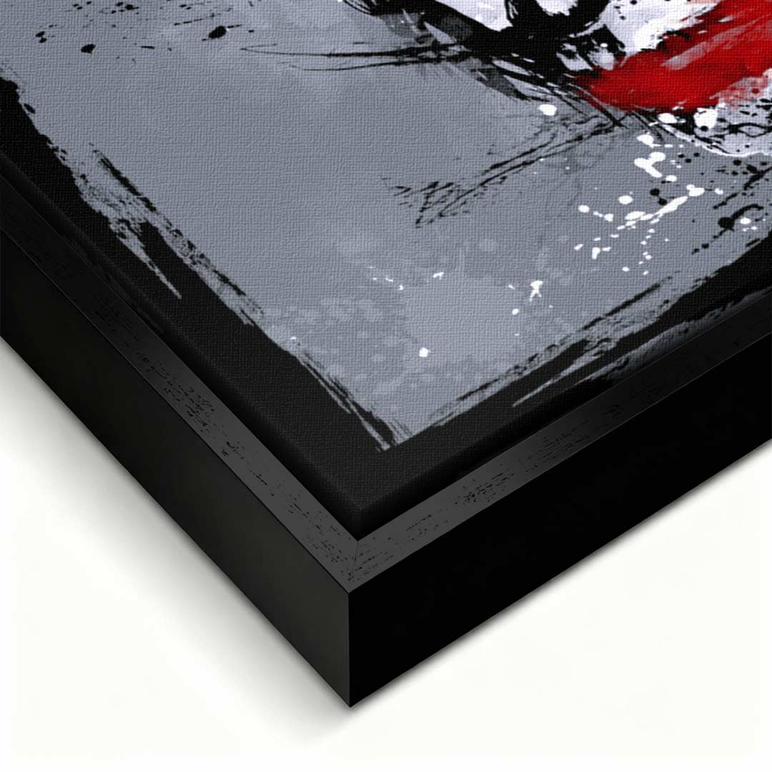 Obraz na płótnie z twarzą Jokera w stylu splash art. Nowoczesny wydruk galeryjny w kolorach szarym, niebieskim i czerwonym. Kunst pop-art.