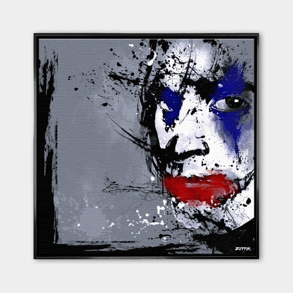 Obraz na płótnie z twarzą Jokera w stylu splash art. Nowoczesny wydruk galeryjny w kolorach szarym, niebieskim i czerwonym. Kunst pop-art.