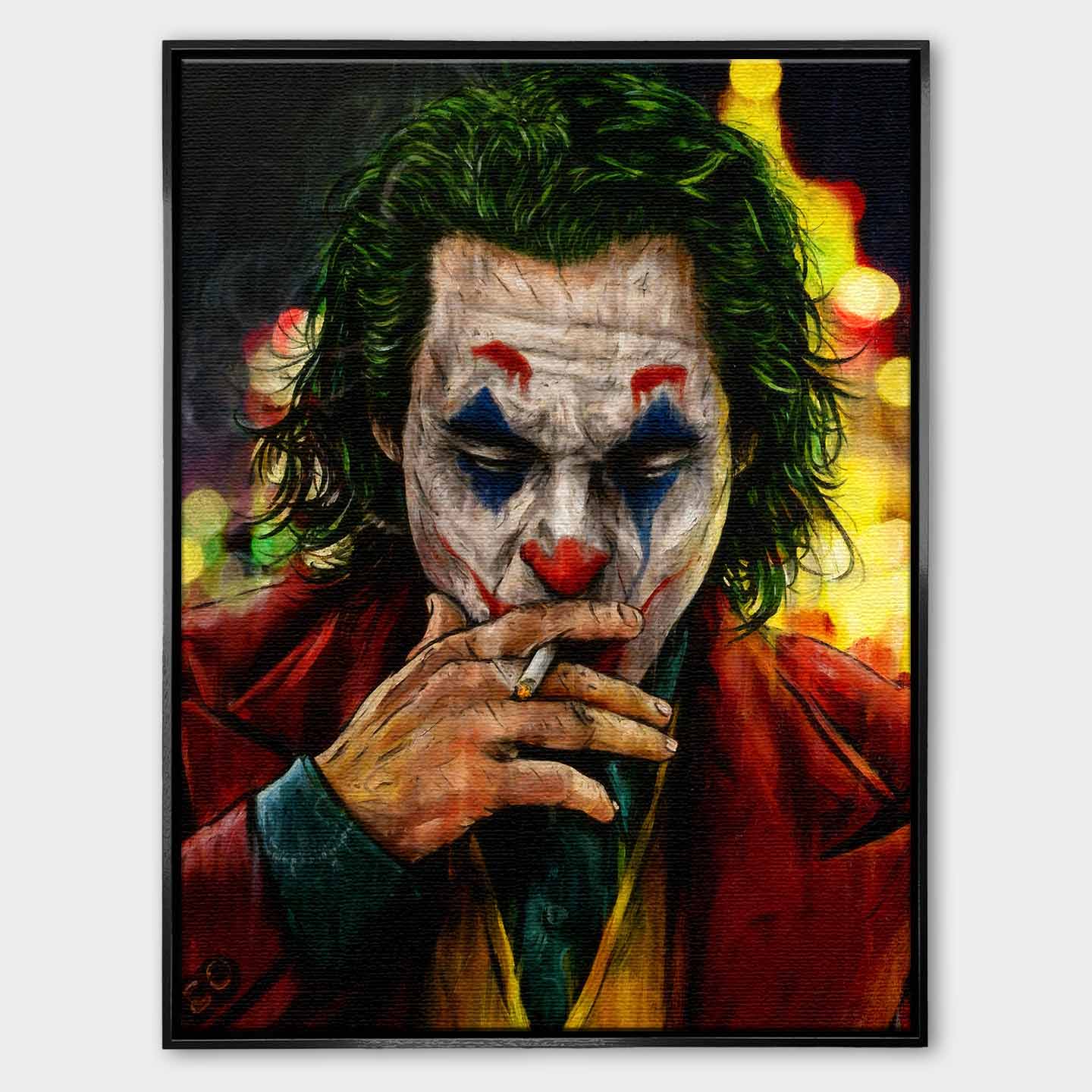 Obraz na płótnie Joker – postać w makijażu klauna paląca papierosa, symbol chaosu, odwagi i buntu.