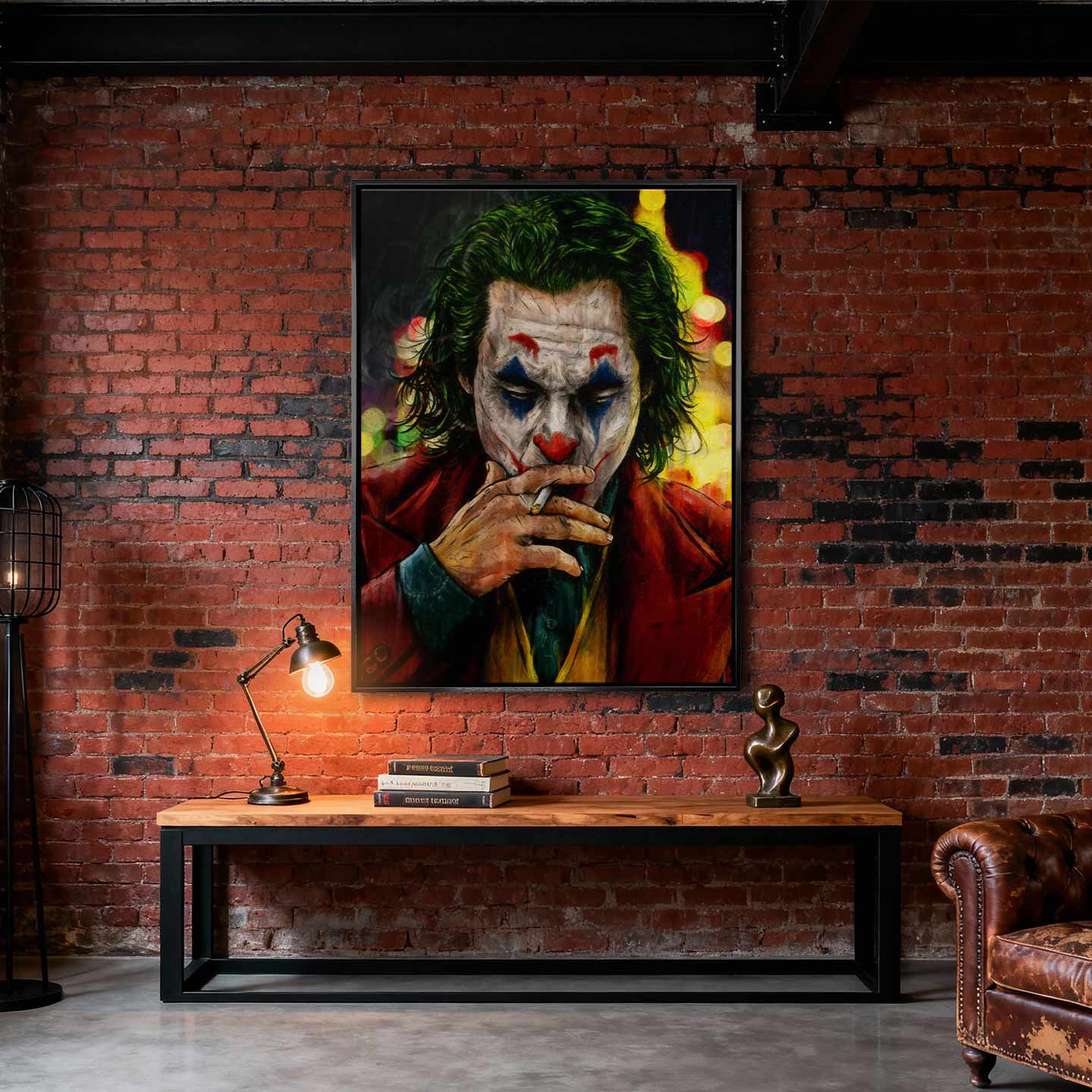 Obraz na płótnie Joker – postać w makijażu klauna paląca papierosa, symbol chaosu, odwagi i buntu.