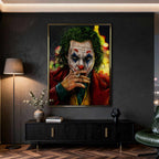Obraz na płótnie Joker – postać w makijażu klauna paląca papierosa, symbol chaosu, odwagi i buntu.