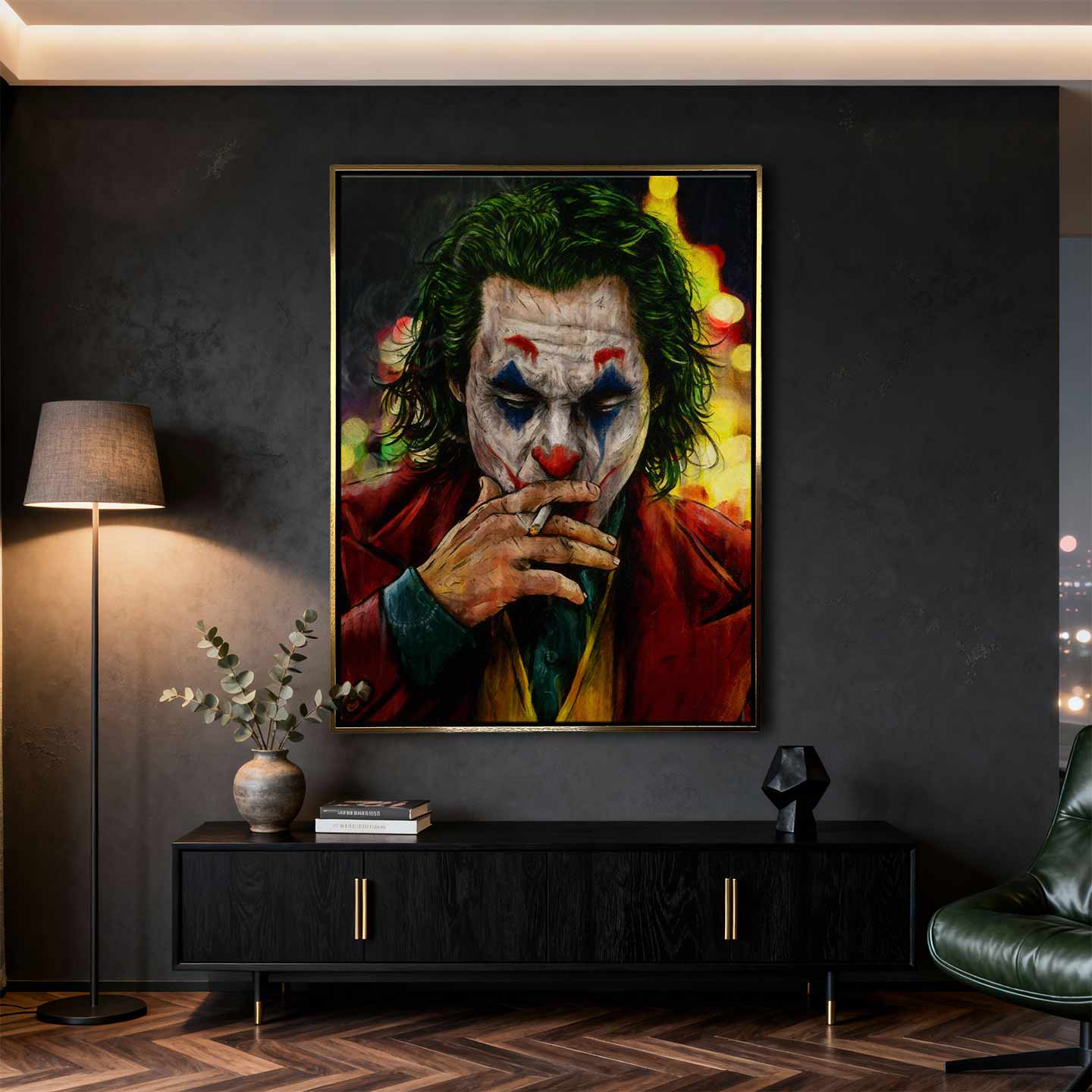 Obraz na płótnie Joker – postać w makijażu klauna paląca papierosa, symbol chaosu, odwagi i buntu.