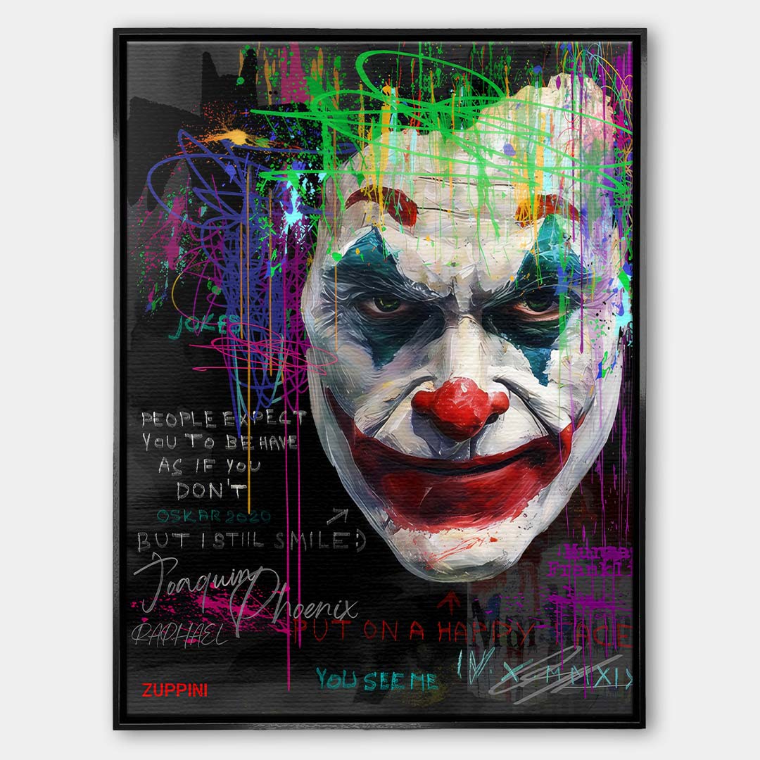 Kolorowy obraz na płótnie Joker See Me. Nowoczesny wydruk galeryjny pop art z portretem Joaquina Phoenixa, zachlapaniami farby i angielskimi cytatami.