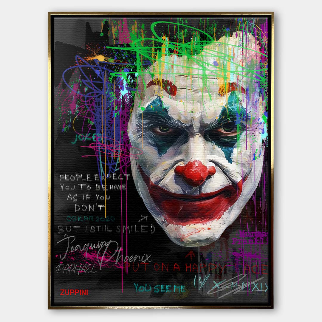 Kolorowy obraz na płótnie Joker See Me. Nowoczesny wydruk galeryjny pop art z portretem Joaquina Phoenixa, zachlapaniami farby i angielskimi cytatami.