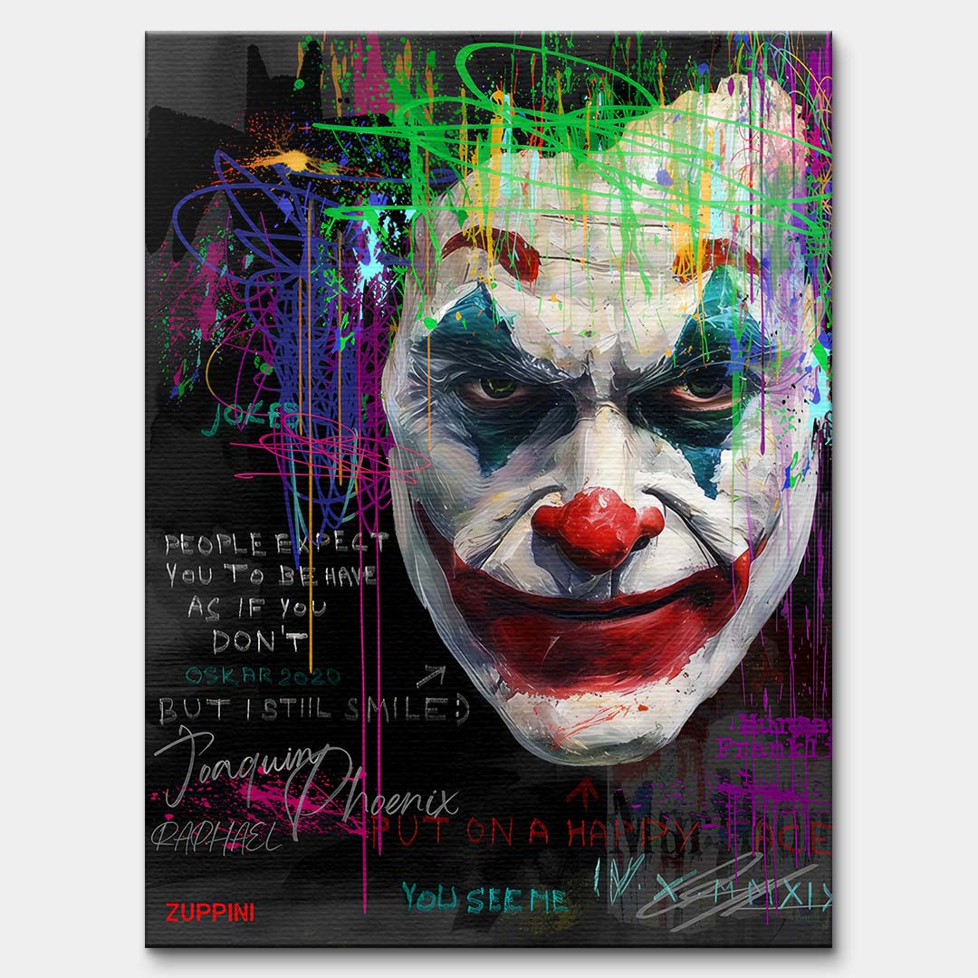 Kolorowy obraz na płótnie Joker See Me. Nowoczesny wydruk galeryjny pop art z portretem Joaquina Phoenixa, zachlapaniami farby i angielskimi cytatami.