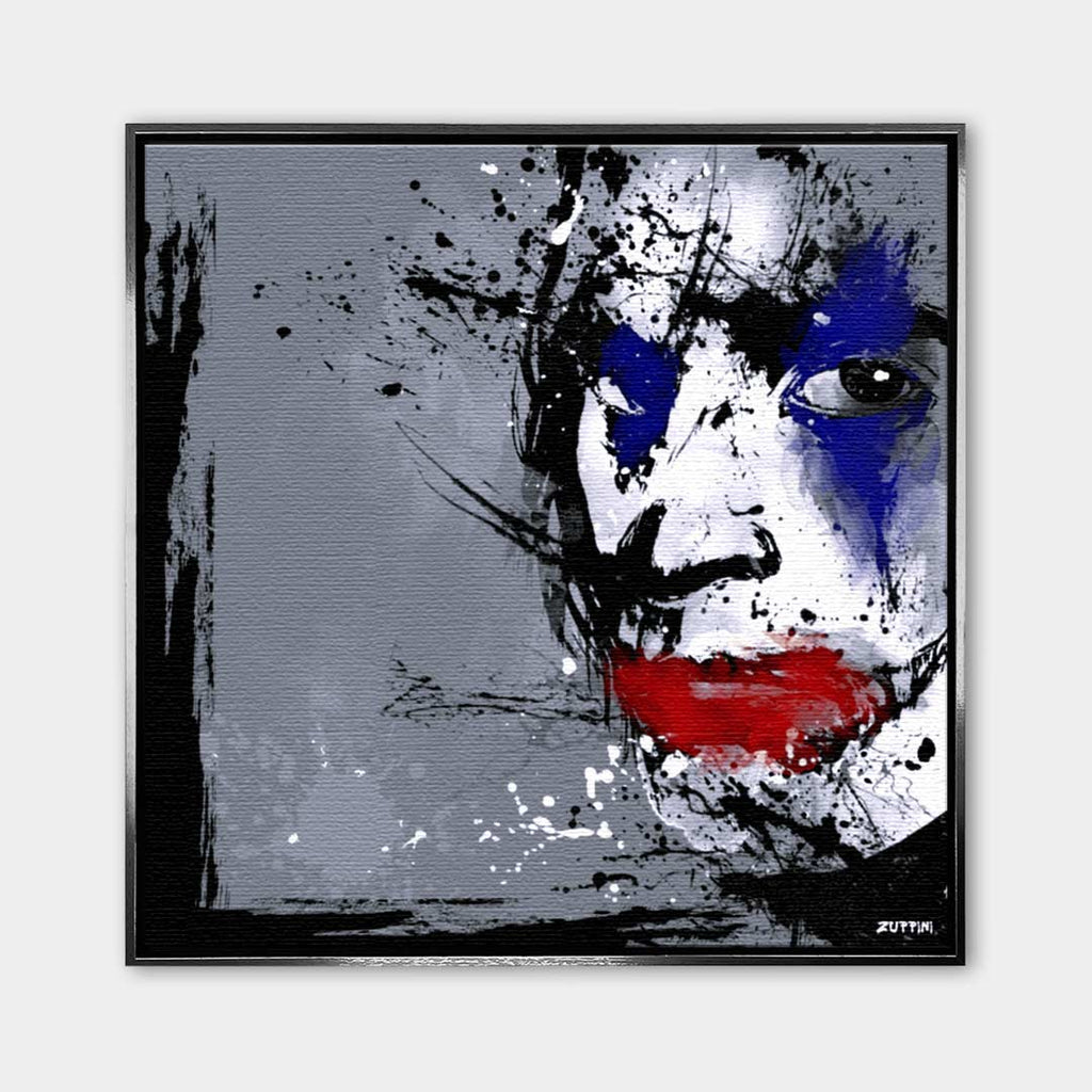 Obraz na płótnie z twarzą Jokera w stylu splash art. Nowoczesny wydruk galeryjny w kolorach szarym, niebieskim i czerwonym. Kunst pop-art.
