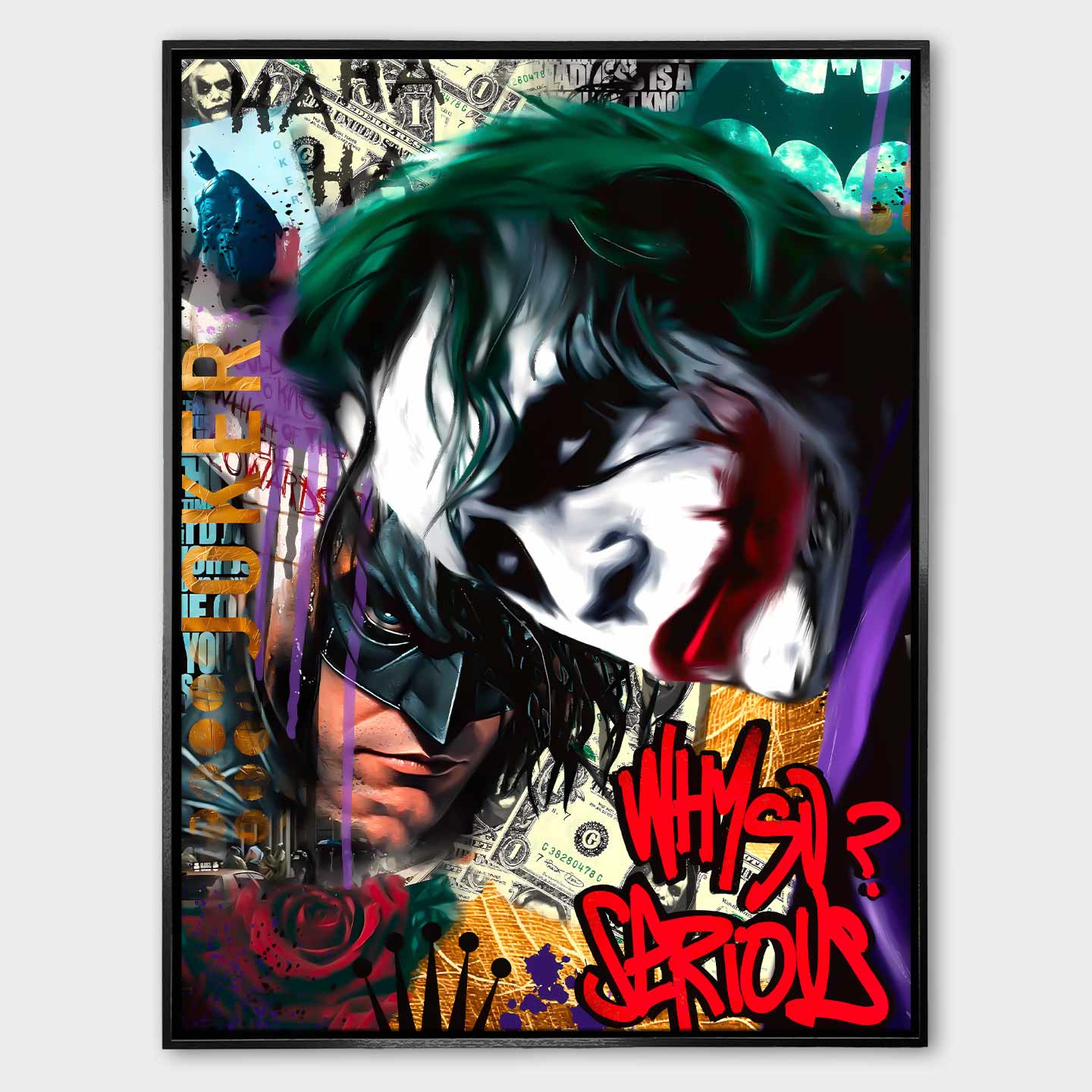 Obraz na płótnie Joker Why So Serious – streetartowa grafika z Jokerem w intensywnych kolorach, graffiti i detalami symbolizującymi chaos i niezależność.