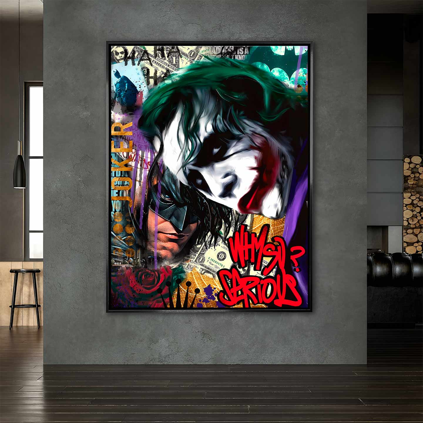 Obraz na płótnie Joker Why So Serious – streetartowa grafika z Jokerem w intensywnych kolorach, graffiti i detalami symbolizującymi chaos i niezależność.