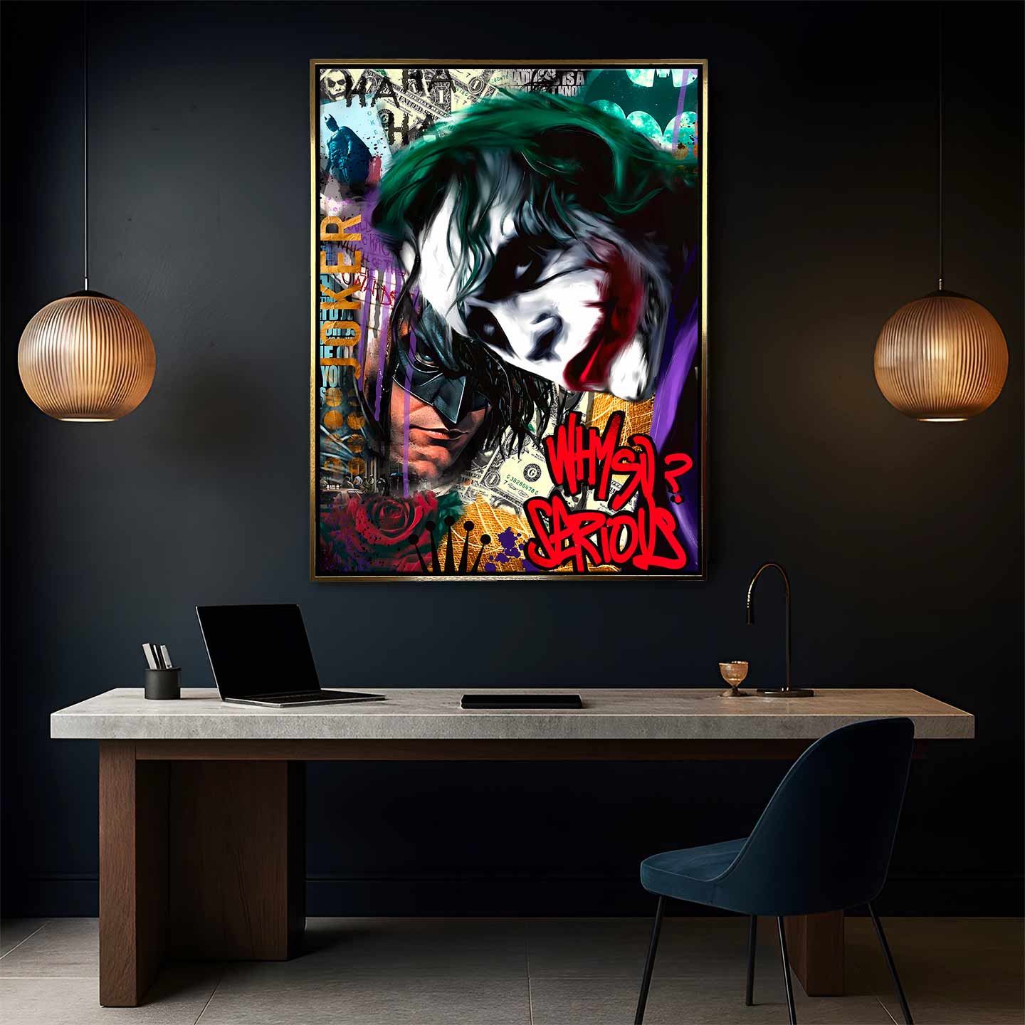 Obraz na płótnie Joker Why So Serious – streetartowa grafika z Jokerem w intensywnych kolorach, graffiti i detalami symbolizującymi chaos i niezależność.