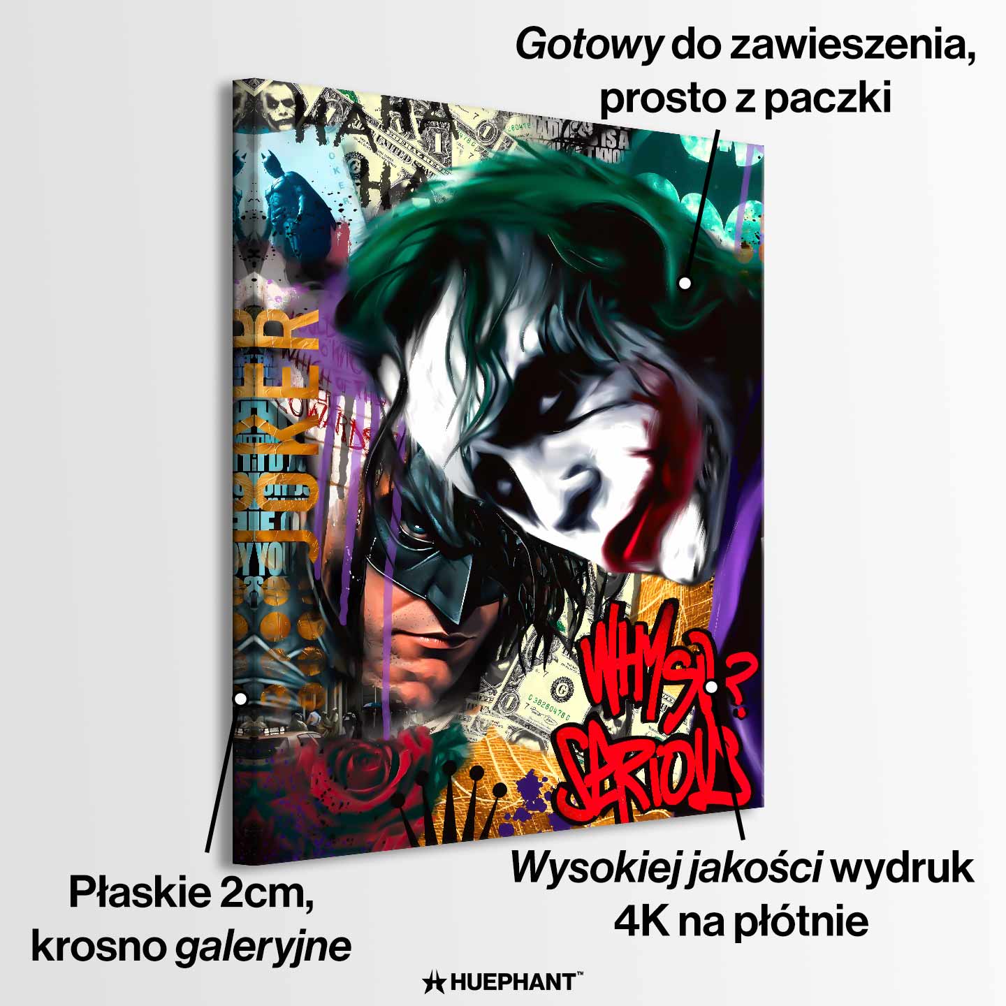 Obraz na płótnie Joker Why So Serious – streetartowa grafika z Jokerem w intensywnych kolorach, graffiti i detalami symbolizującymi chaos i niezależność.