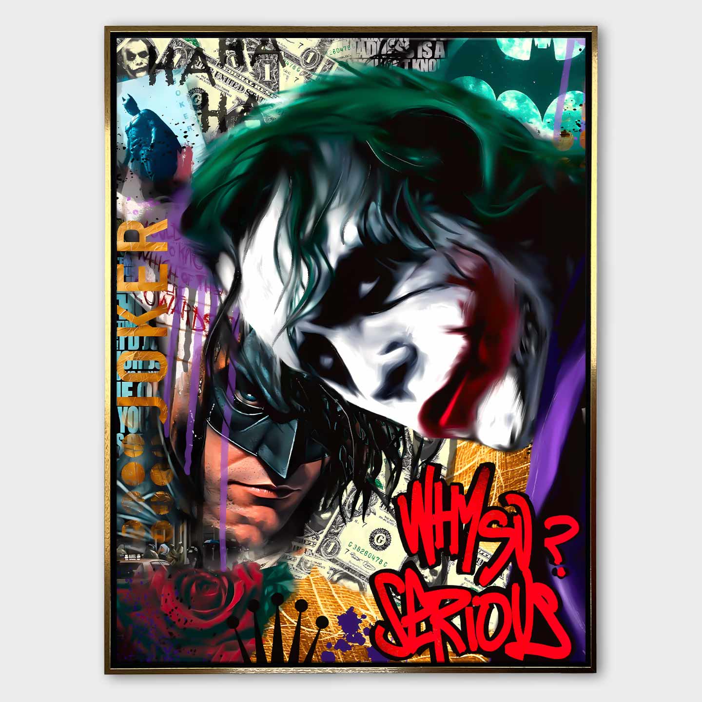 Obraz na płótnie Joker Why So Serious – streetartowa grafika z Jokerem w intensywnych kolorach, graffiti i detalami symbolizującymi chaos i niezależność.