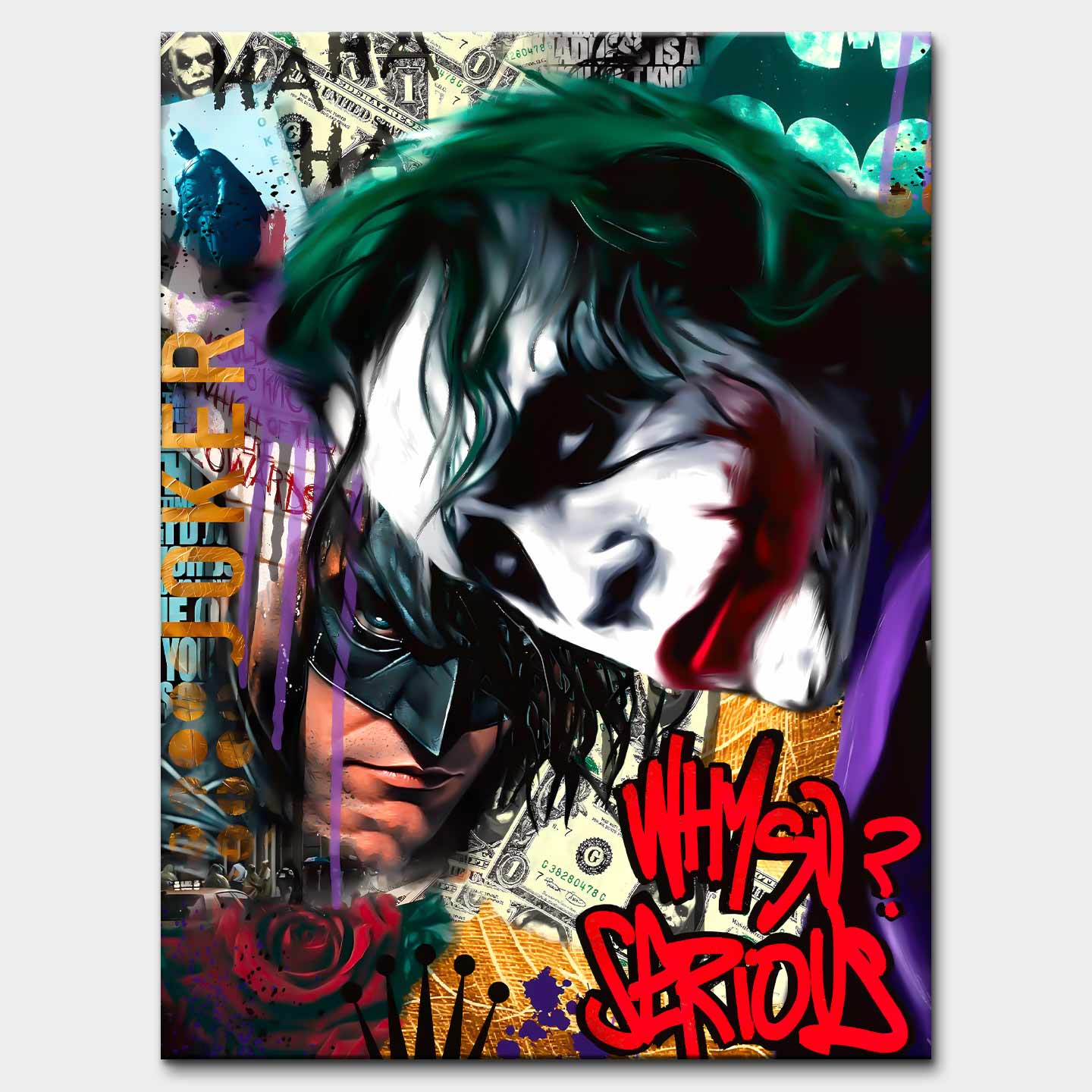 Obraz na płótnie Joker Why So Serious – streetartowa grafika z Jokerem w intensywnych kolorach, graffiti i detalami symbolizującymi chaos i niezależność.