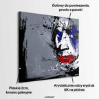 Obraz na płótnie z twarzą Jokera w stylu splash art. Nowoczesny wydruk galeryjny w kolorach szarym, niebieskim i czerwonym. Kunst pop-art.