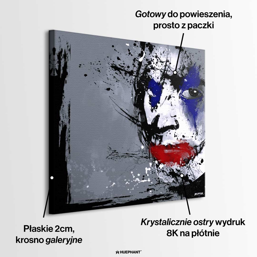 Obraz na płótnie z twarzą Jokera w stylu splash art. Nowoczesny wydruk galeryjny w kolorach szarym, niebieskim i czerwonym. Kunst pop-art.