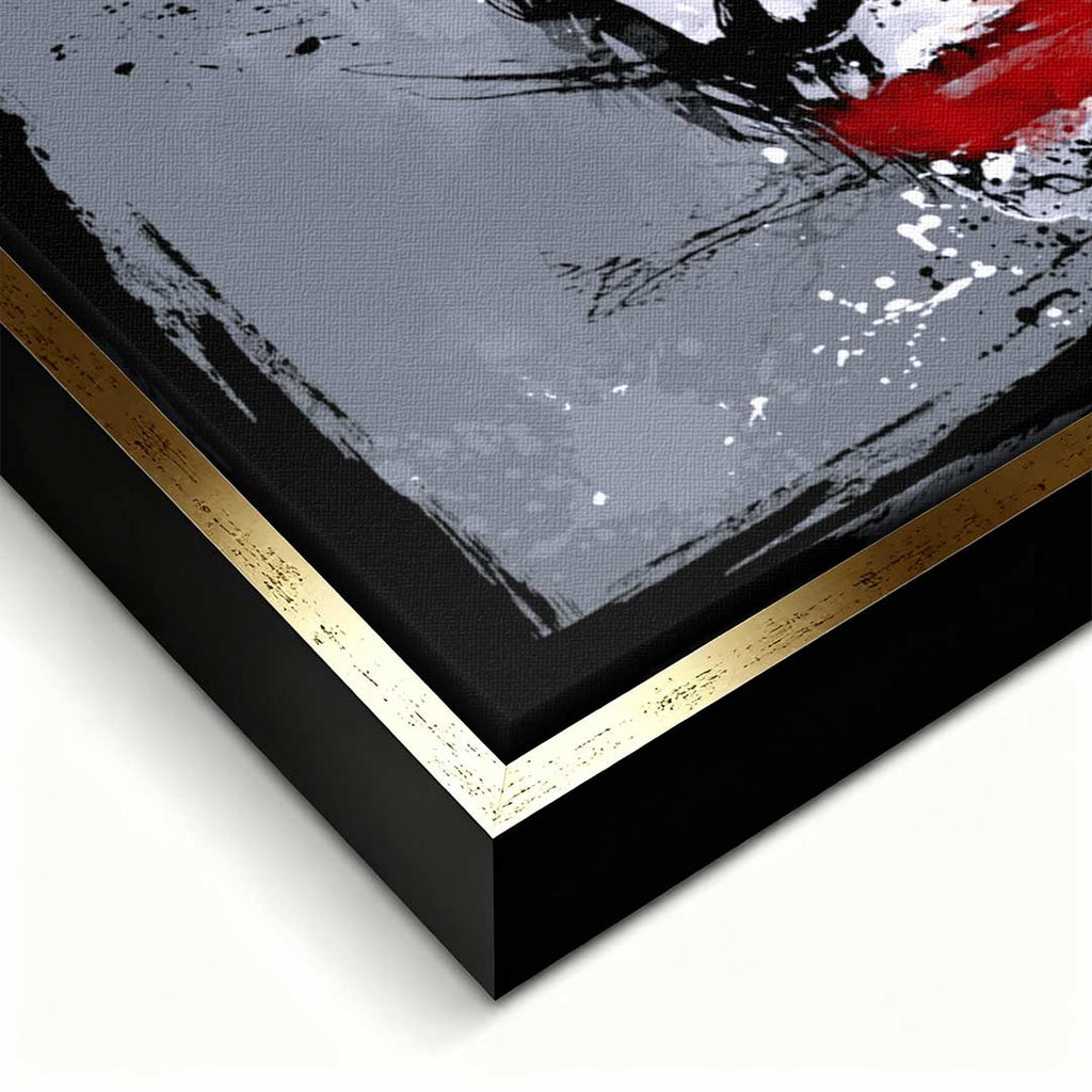 Obraz na płótnie z twarzą Jokera w stylu splash art. Nowoczesny wydruk galeryjny w kolorach szarym, niebieskim i czerwonym. Kunst pop-art.