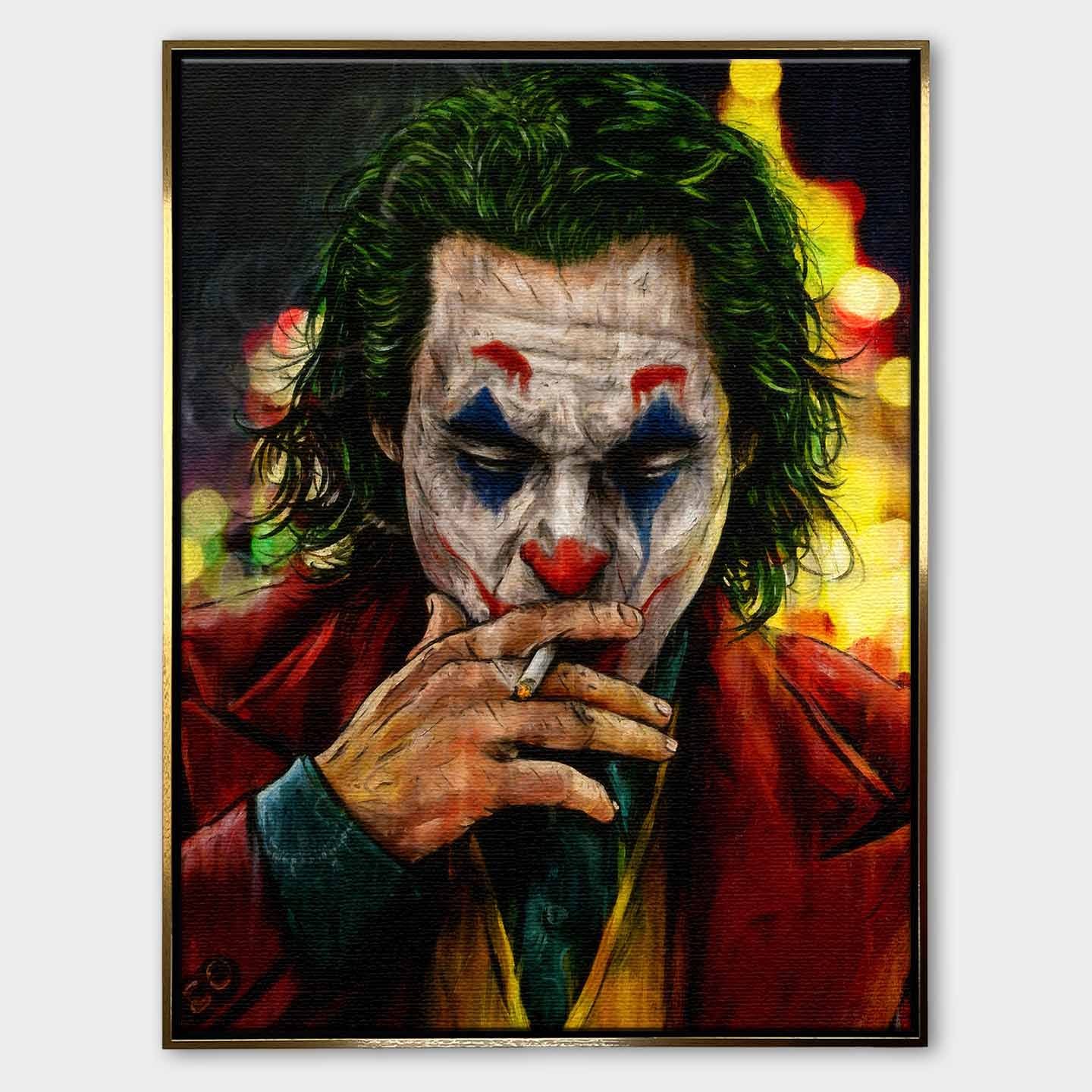 Obraz na płótnie Joker – postać w makijażu klauna paląca papierosa, symbol chaosu, odwagi i buntu.