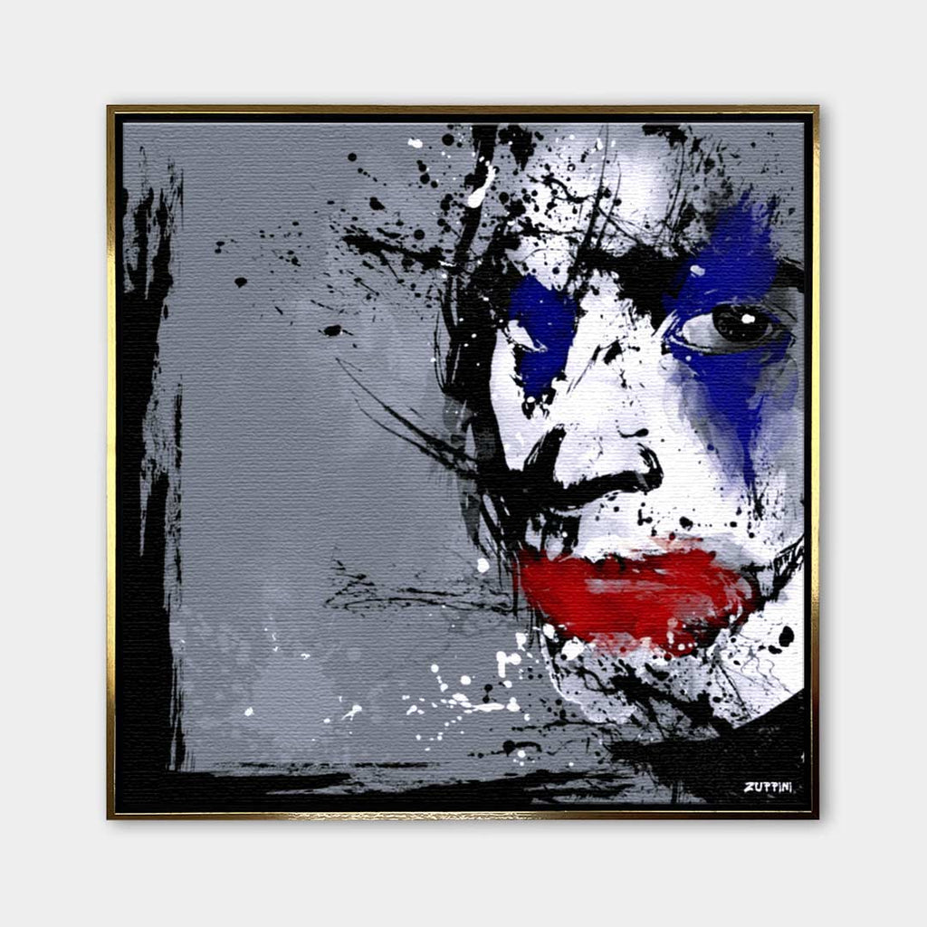 Obraz na płótnie z twarzą Jokera w stylu splash art. Nowoczesny wydruk galeryjny w kolorach szarym, niebieskim i czerwonym. Kunst pop-art.