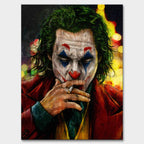 Obraz na płótnie Joker – postać w makijażu klauna paląca papierosa, symbol chaosu, odwagi i buntu.