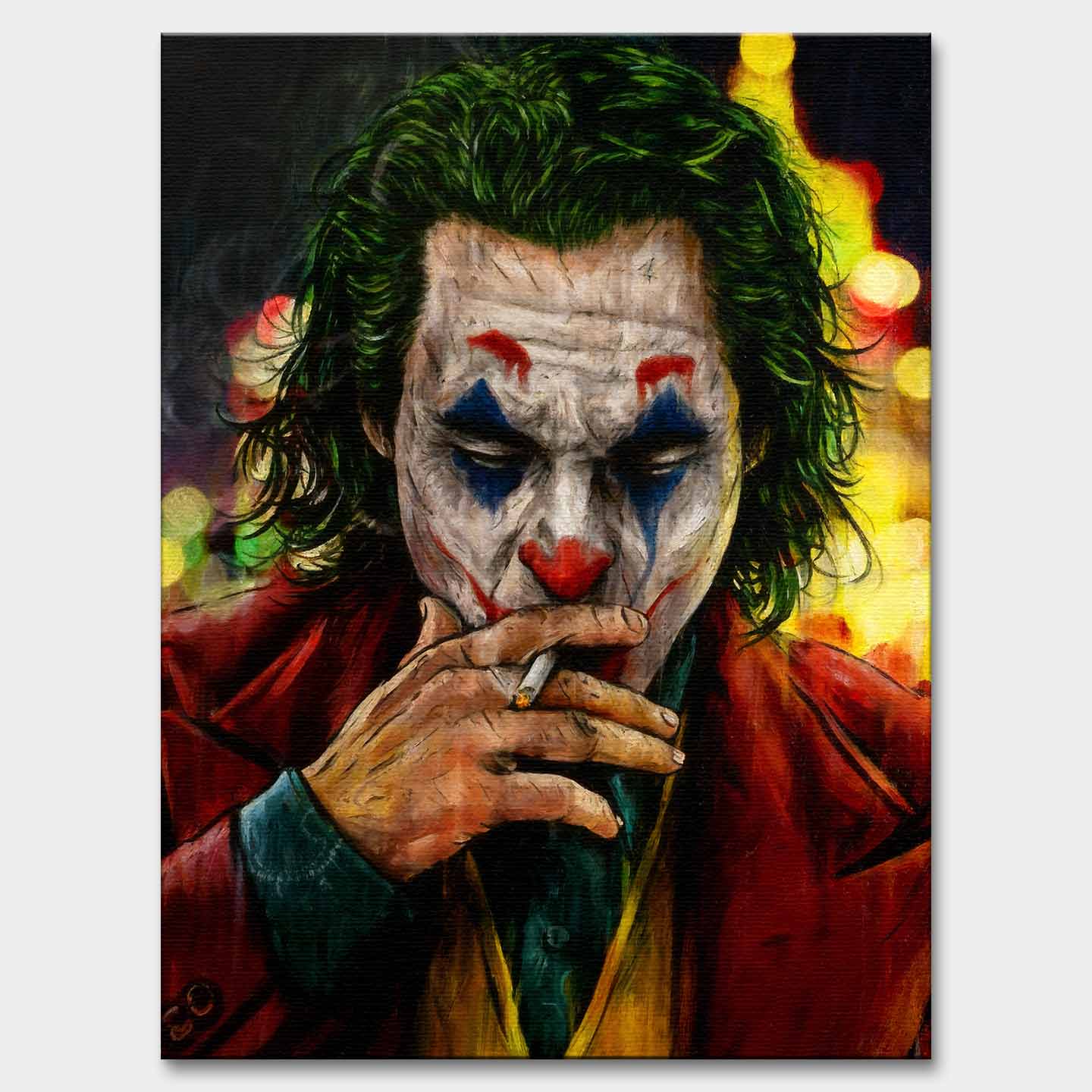 Obraz na płótnie Joker – postać w makijażu klauna paląca papierosa, symbol chaosu, odwagi i buntu.