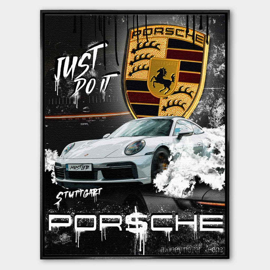 Obraz na płótnie z białym sportowym coupe, złotym herbem i graffiti na czarnym tle, nowoczesna sztuka motoryzacyjna.