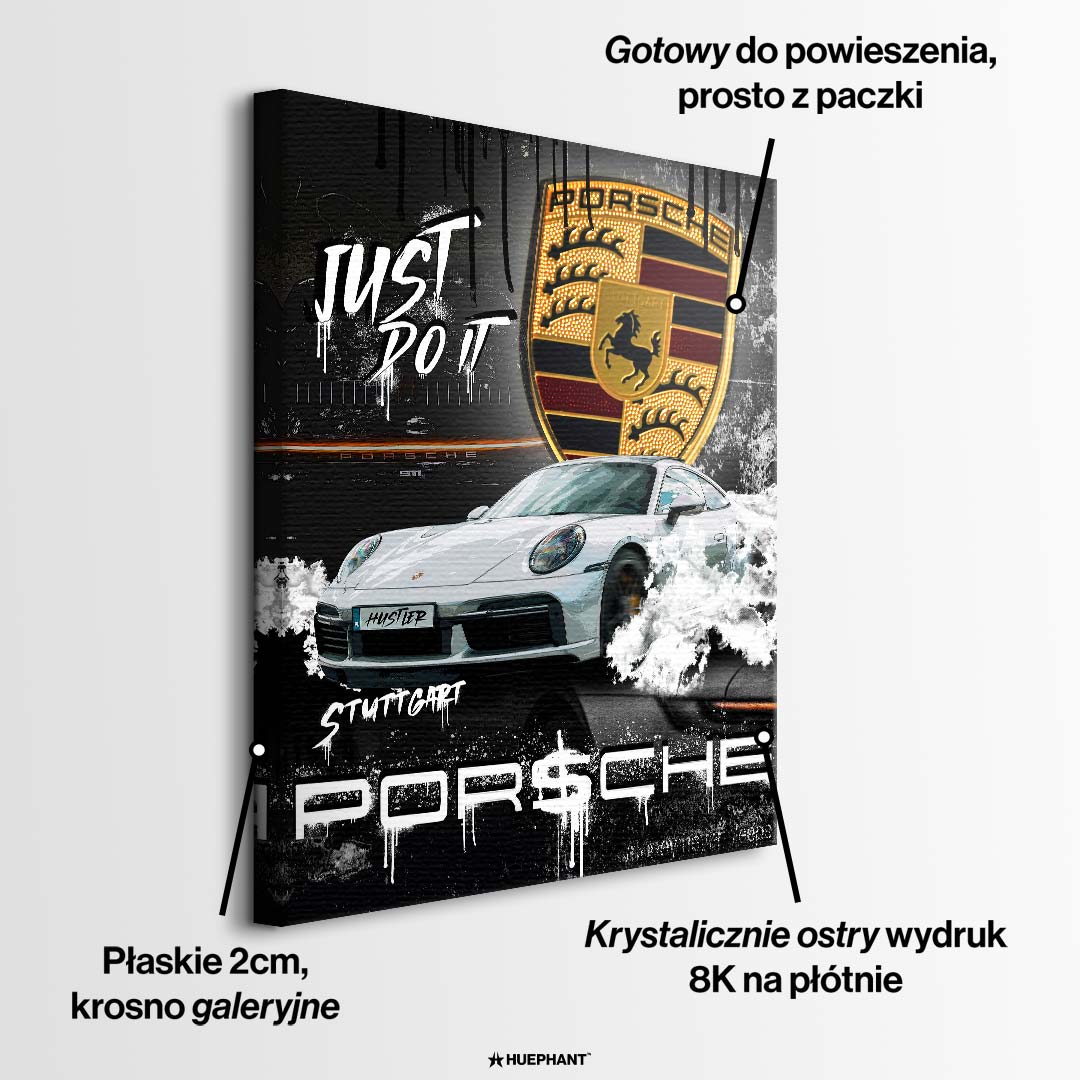 Obraz na płótnie z białym sportowym coupe, złotym herbem i graffiti na czarnym tle, nowoczesna sztuka motoryzacyjna.
