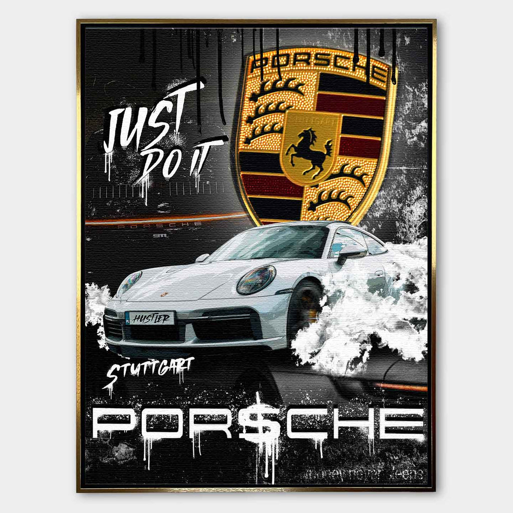 Obraz na płótnie z białym sportowym coupe, złotym herbem i graffiti na czarnym tle, nowoczesna sztuka motoryzacyjna.