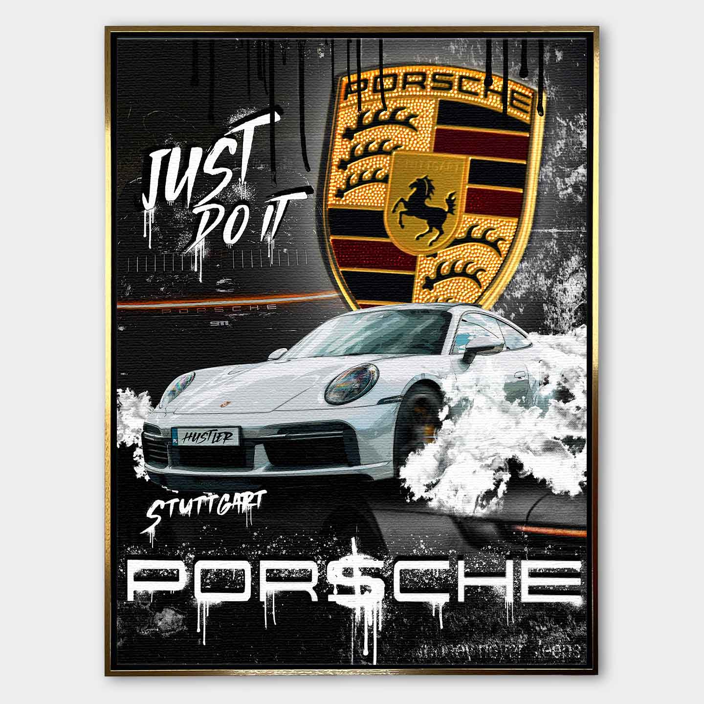 Obraz na płótnie z białym sportowym coupe, złotym herbem i graffiti na czarnym tle, nowoczesna sztuka motoryzacyjna.