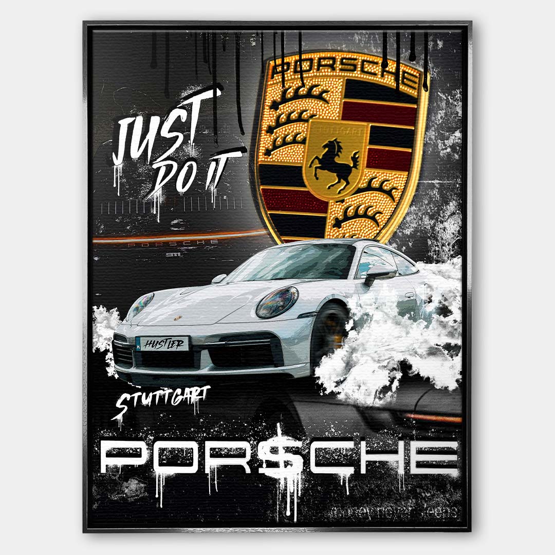 Obraz na płótnie z białym sportowym coupe, złotym herbem i graffiti na czarnym tle, nowoczesna sztuka motoryzacyjna.