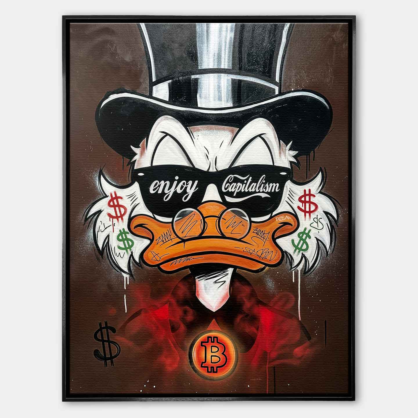 Obraz na płótnie pop art z kaczą postacią w cylindrze, okularami, symbolami dolara i Bitcoina, nowoczesna sztuka finansowa.
