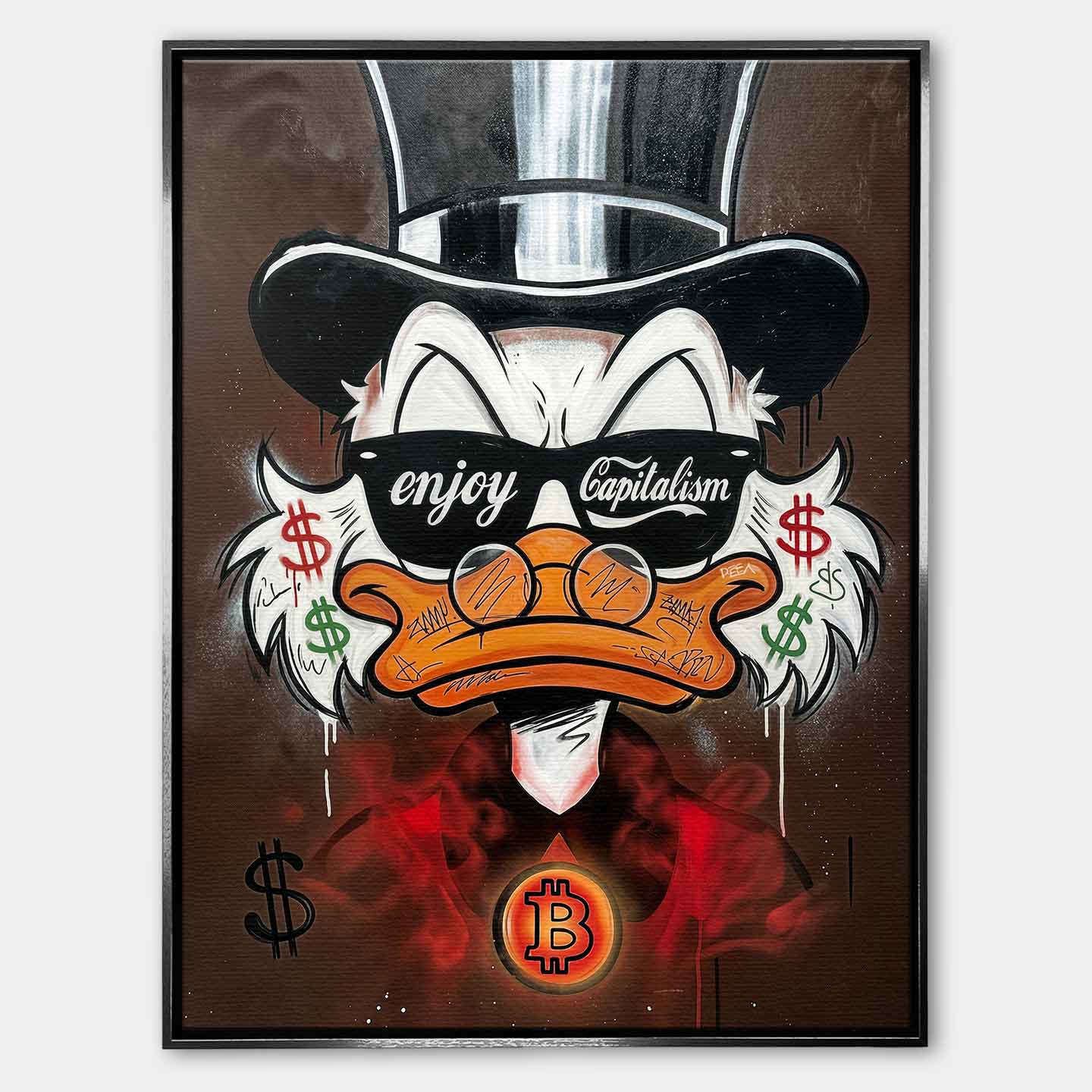 Obraz na płótnie pop art z kaczą postacią w cylindrze, okularami, symbolami dolara i Bitcoina, nowoczesna sztuka finansowa.