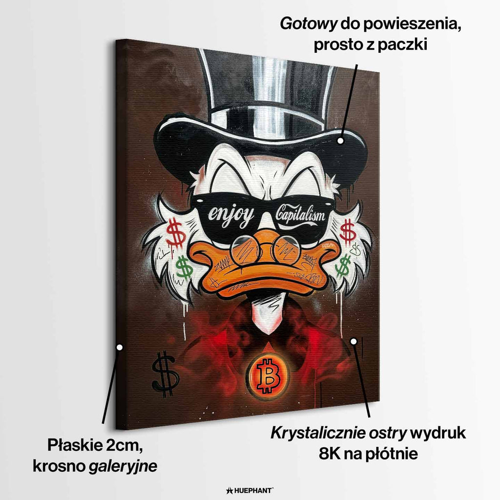 Obraz na płótnie pop art z kaczą postacią w cylindrze, okularami, symbolami dolara i Bitcoina, nowoczesna sztuka finansowa.