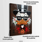 Obraz na płótnie pop art z kaczą postacią w cylindrze, okularami, symbolami dolara i Bitcoina, nowoczesna sztuka finansowa.