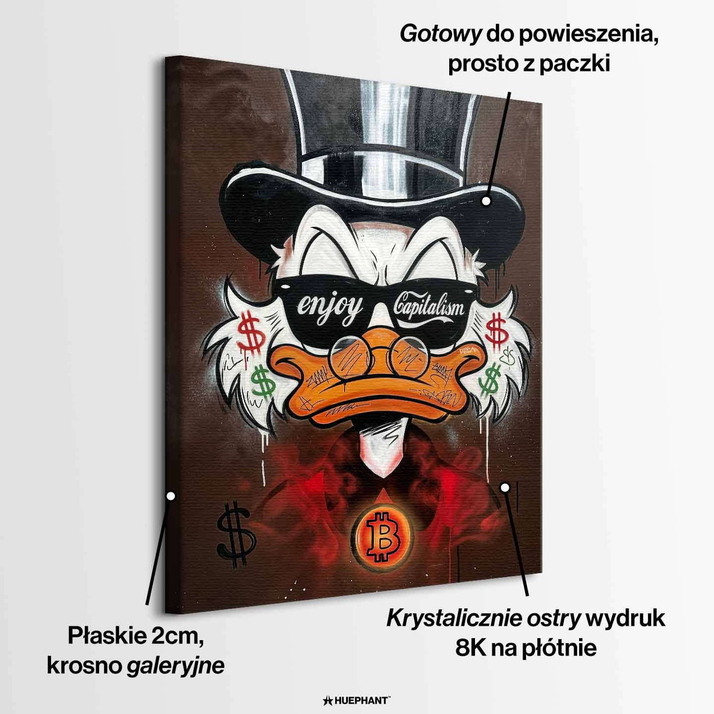 Obraz na płótnie pop art z kaczą postacią w cylindrze, okularami, symbolami dolara i Bitcoina, nowoczesna sztuka finansowa.